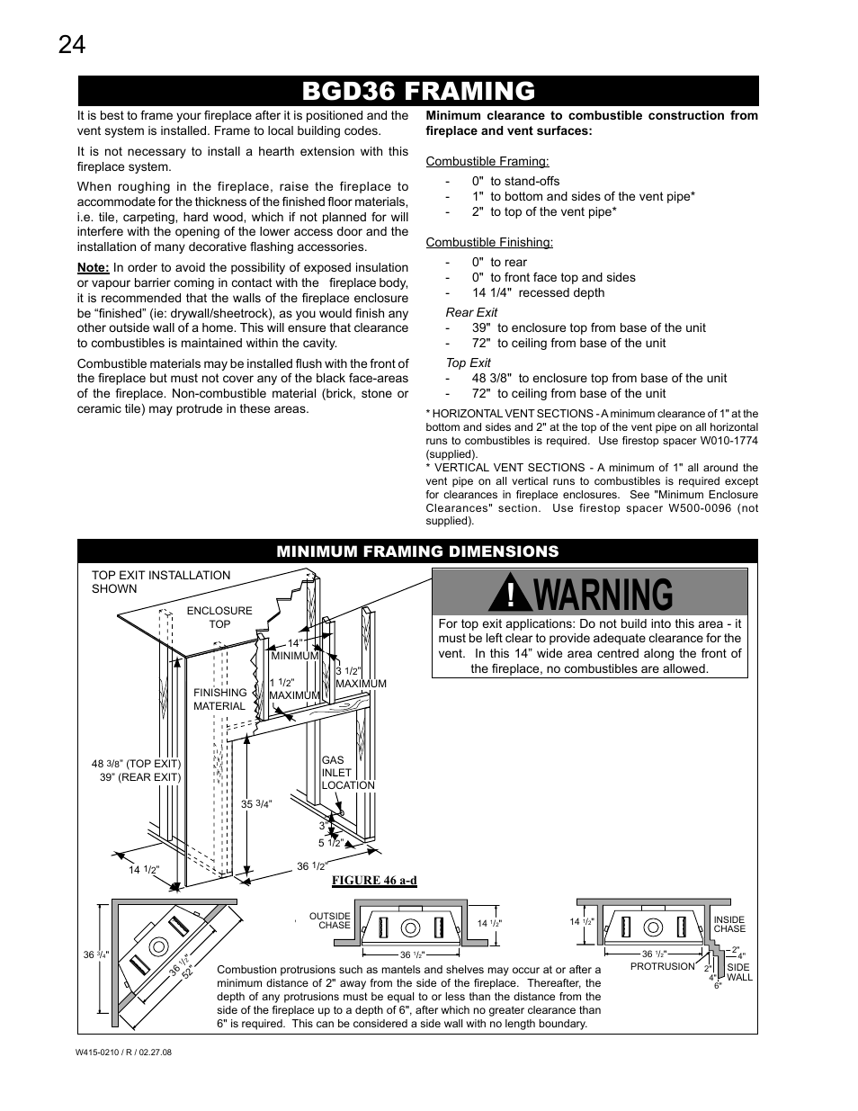 Warning, Bgd36 framing, Minimum framing dimensions | Napoleon Fireplaces GD36PTR User Manual | Page 24 / 36