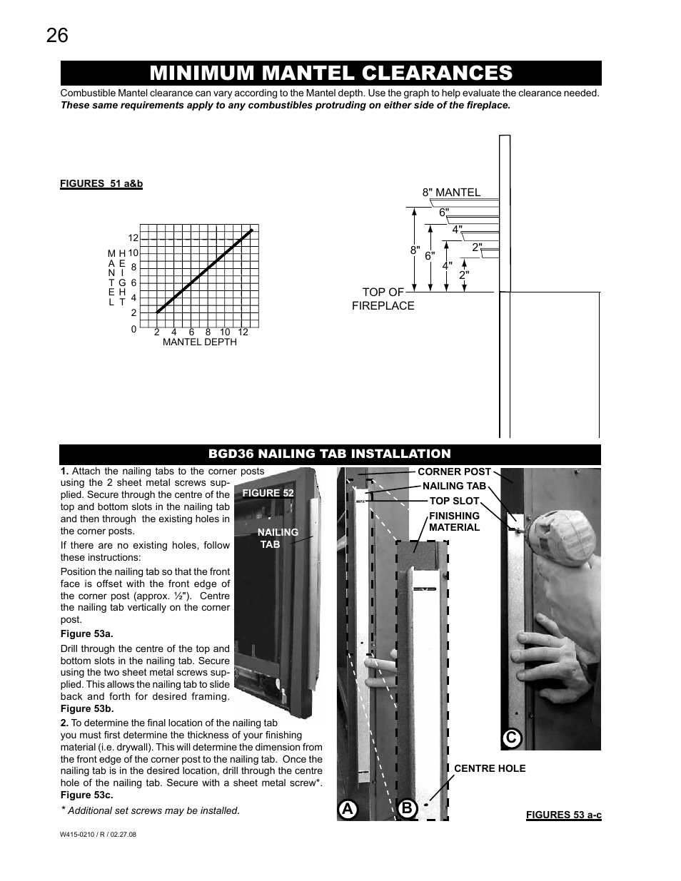 Minimum mantel clearances, Ab c | Napoleon Fireplaces GD36PTR User Manual | Page 26 / 36
