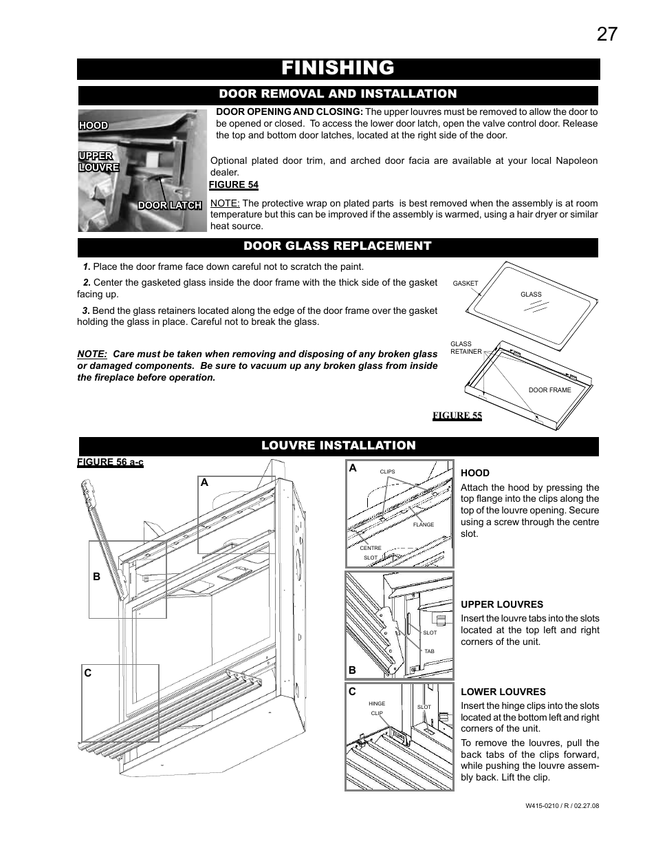 Finishing, Louvre installation door removal and installation, Door glass replacement | Napoleon Fireplaces GD36PTR User Manual | Page 27 / 36