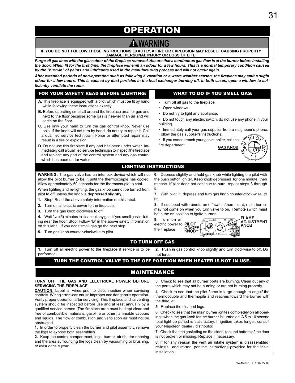 Warning, Operation | Napoleon Fireplaces GD36PTR User Manual | Page 31 / 36