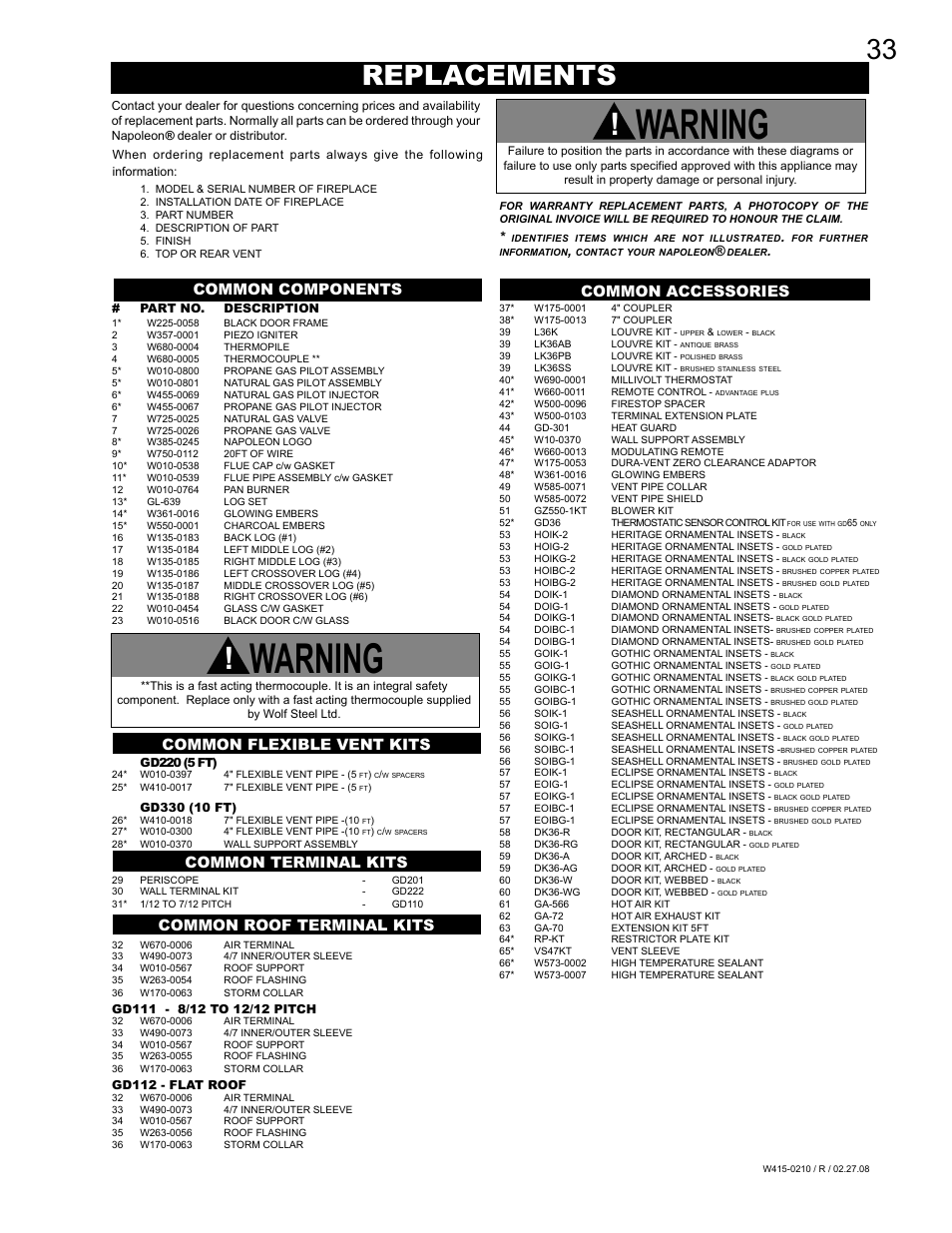 Warning, Replacements, Common components common accessories | Napoleon Fireplaces GD36PTR User Manual | Page 33 / 36
