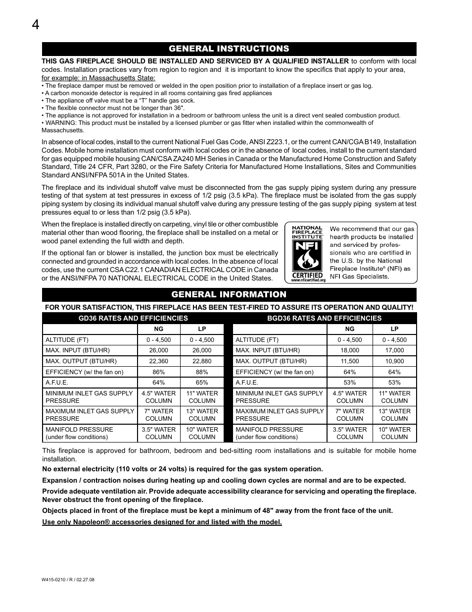 General instructions general information | Napoleon Fireplaces GD36PTR User Manual | Page 4 / 36