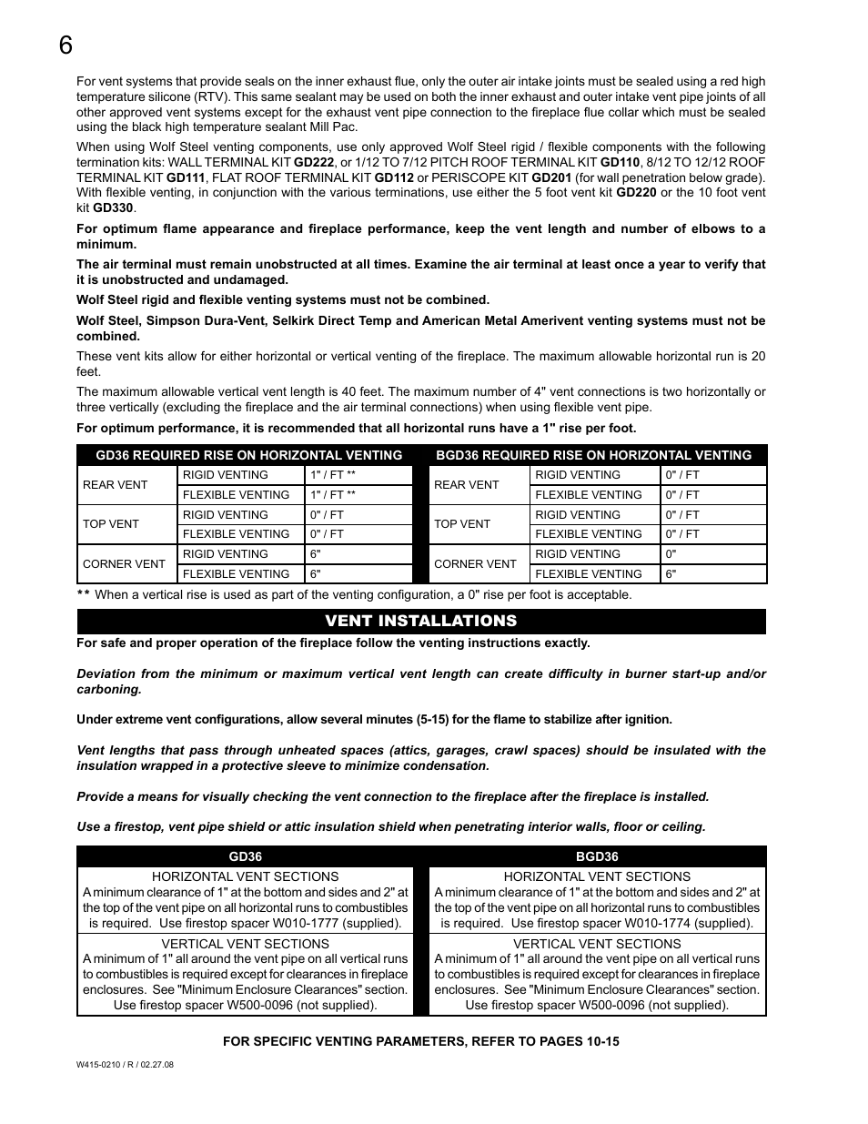 Vent installations | Napoleon Fireplaces GD36PTR User Manual | Page 6 / 36