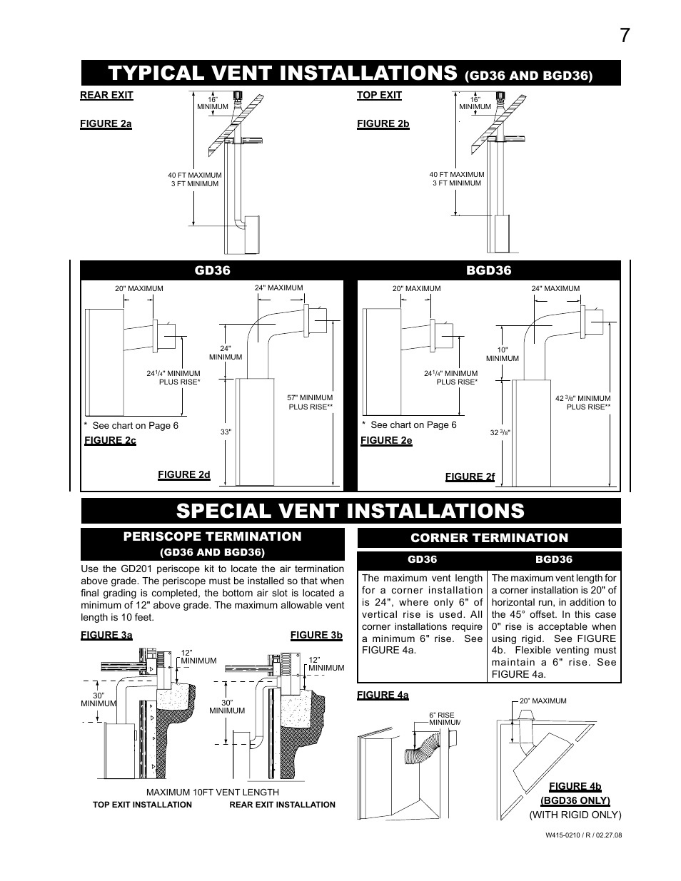 Typical vent installations, Special vent installations, Gd36 and bgd36) | Periscope termination, Corner termination, Gd36, Bgd36 | Napoleon Fireplaces GD36PTR User Manual | Page 7 / 36