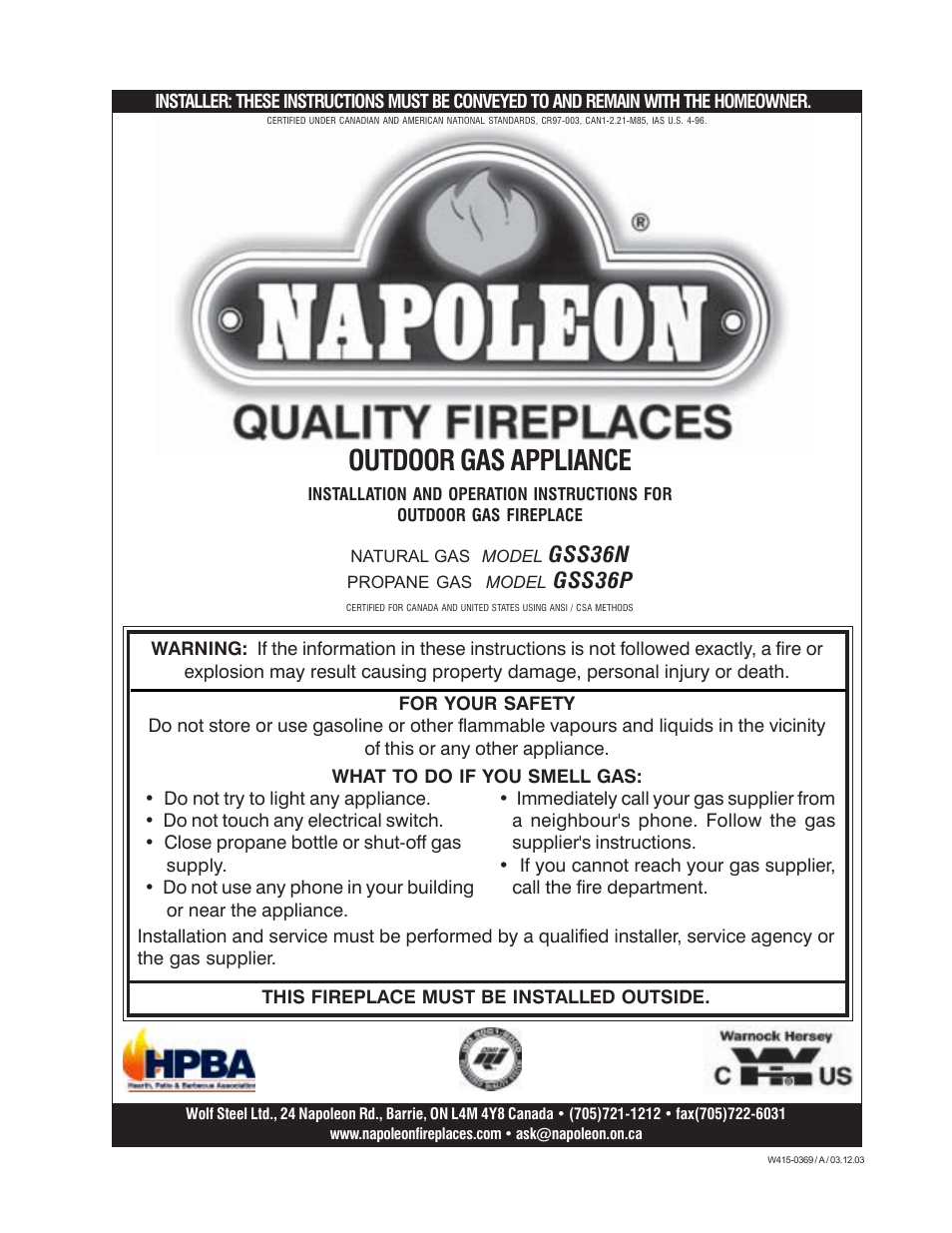 Napoleon Fireplaces GSS36P User Manual | 12 pages