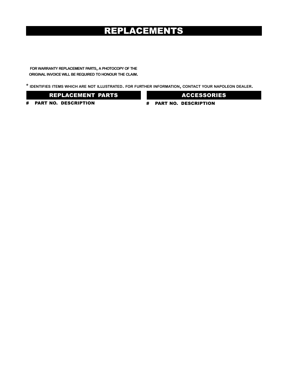 Replacements, Replacement parts accessories | Napoleon Fireplaces BGNV36P User Manual | Page 14 / 20