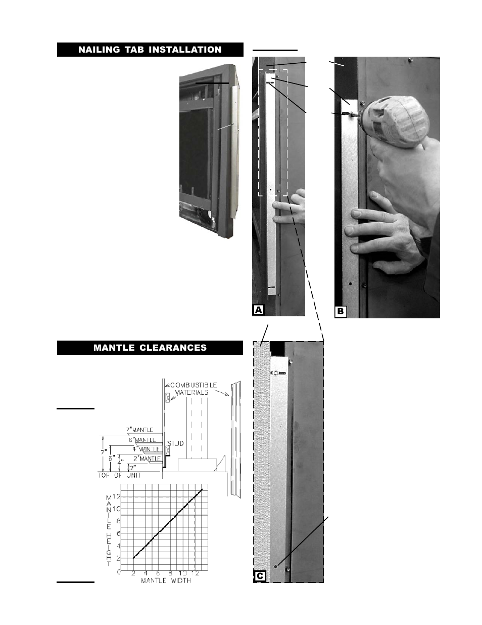 Nailing tab installation, Ab c, Mantle clearances | Napoleon Fireplaces BGNV36P User Manual | Page 7 / 20