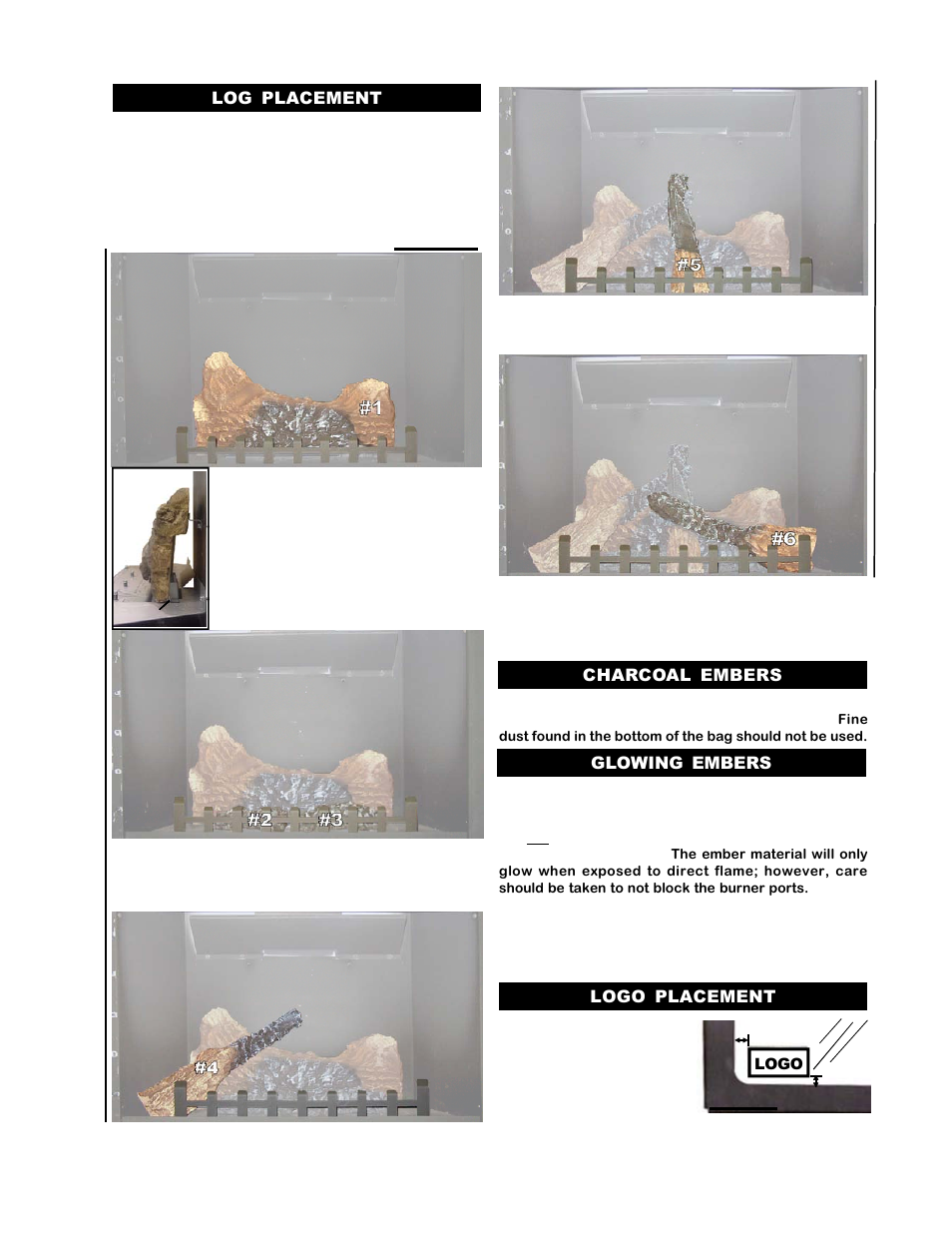 Log placement, Charcoal embers glowing embers logo placement | Napoleon Fireplaces BGNV36P User Manual | Page 9 / 20