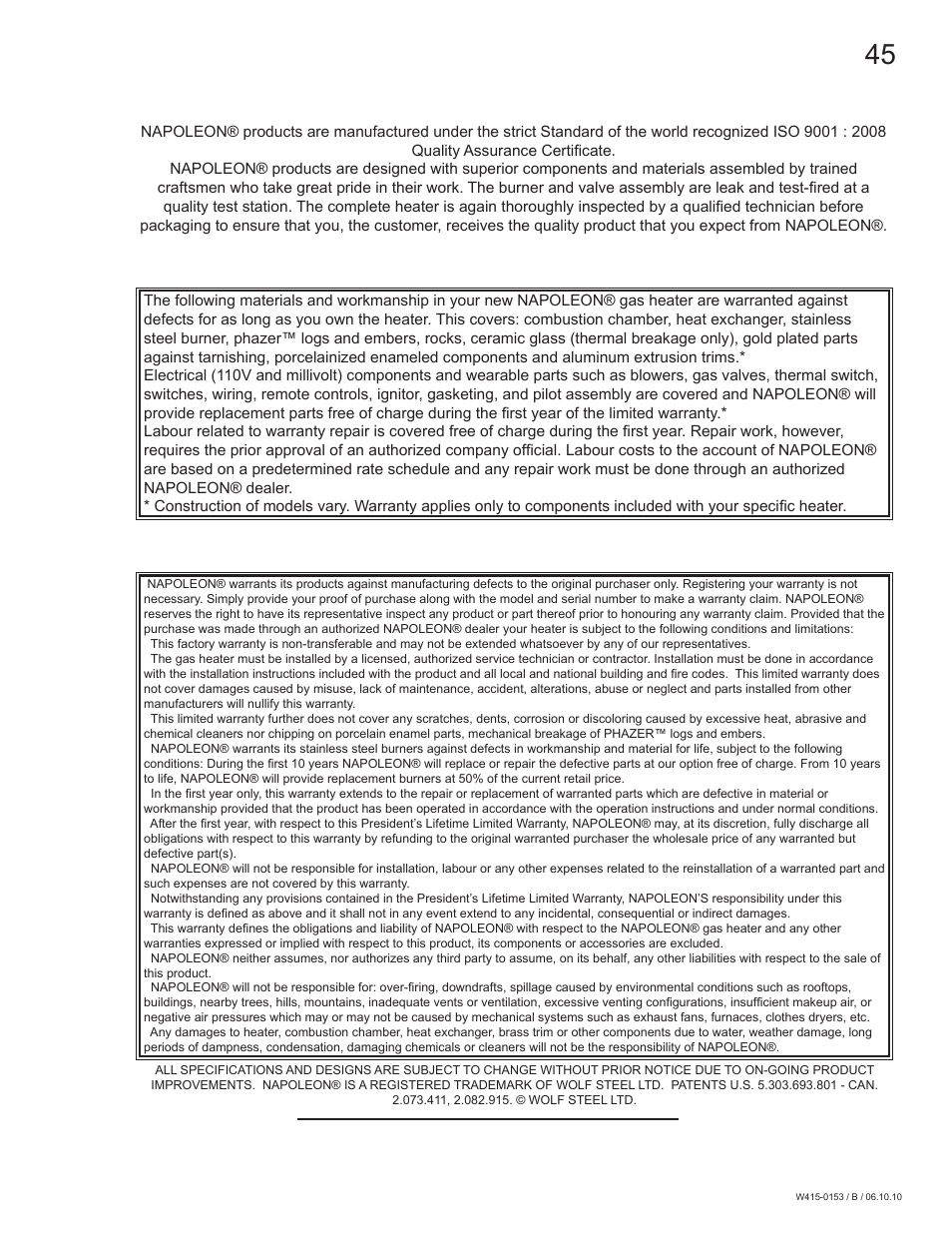 0 warranty | Napoleon Fireplaces GDS28P User Manual | Page 45 / 48
