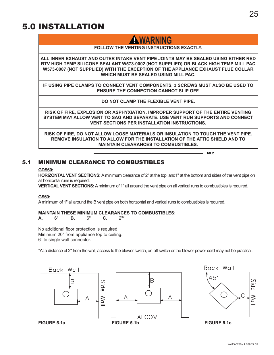 Warning, 0 installation | Napoleon Fireplaces GDS60N User Manual | Page 25 / 52