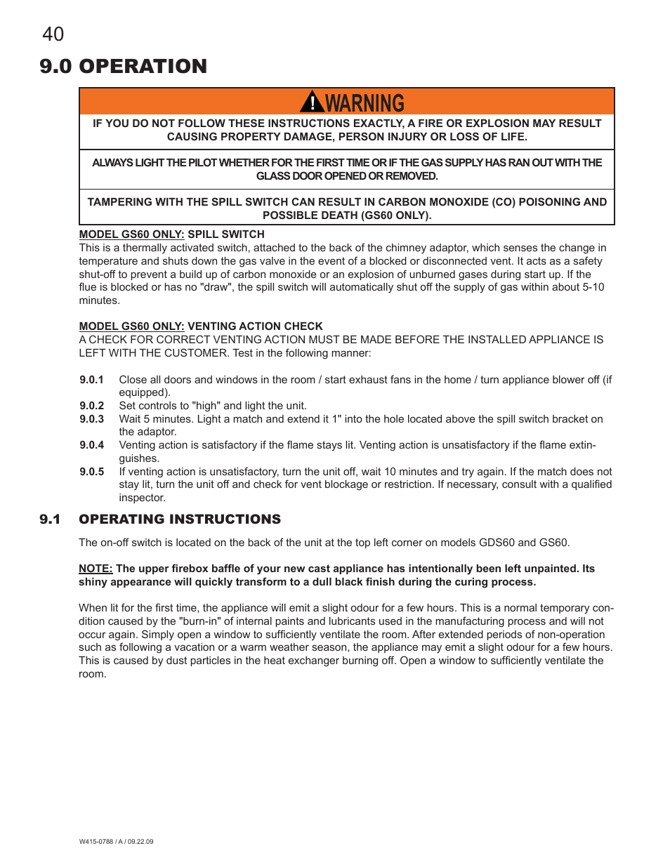 Warning, 0 operation | Napoleon Fireplaces GDS60N User Manual | Page 40 / 52