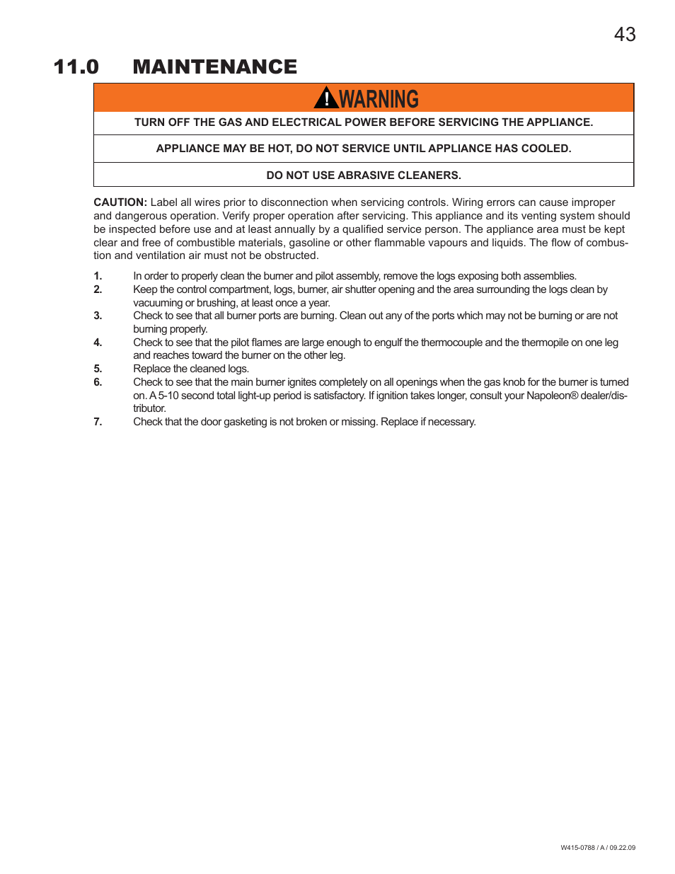 Warning, 0 maintenance, Maintenance | Napoleon Fireplaces GDS60N User Manual | Page 43 / 52