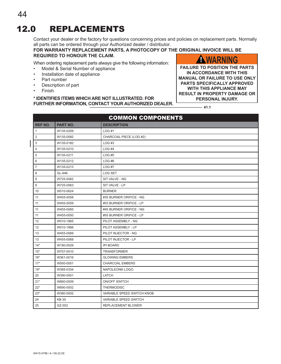 Warning, 0 replacements, Common components | Napoleon Fireplaces GDS60N User Manual | Page 44 / 52