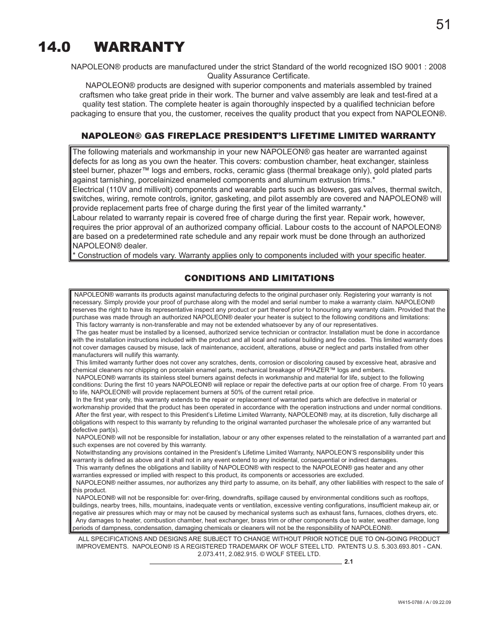 0 warranty | Napoleon Fireplaces GDS60N User Manual | Page 51 / 52