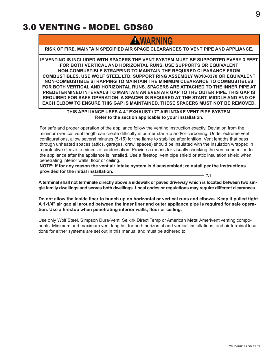 Warning, 0 venting - model gds60 | Napoleon Fireplaces GDS60N User Manual | Page 9 / 52
