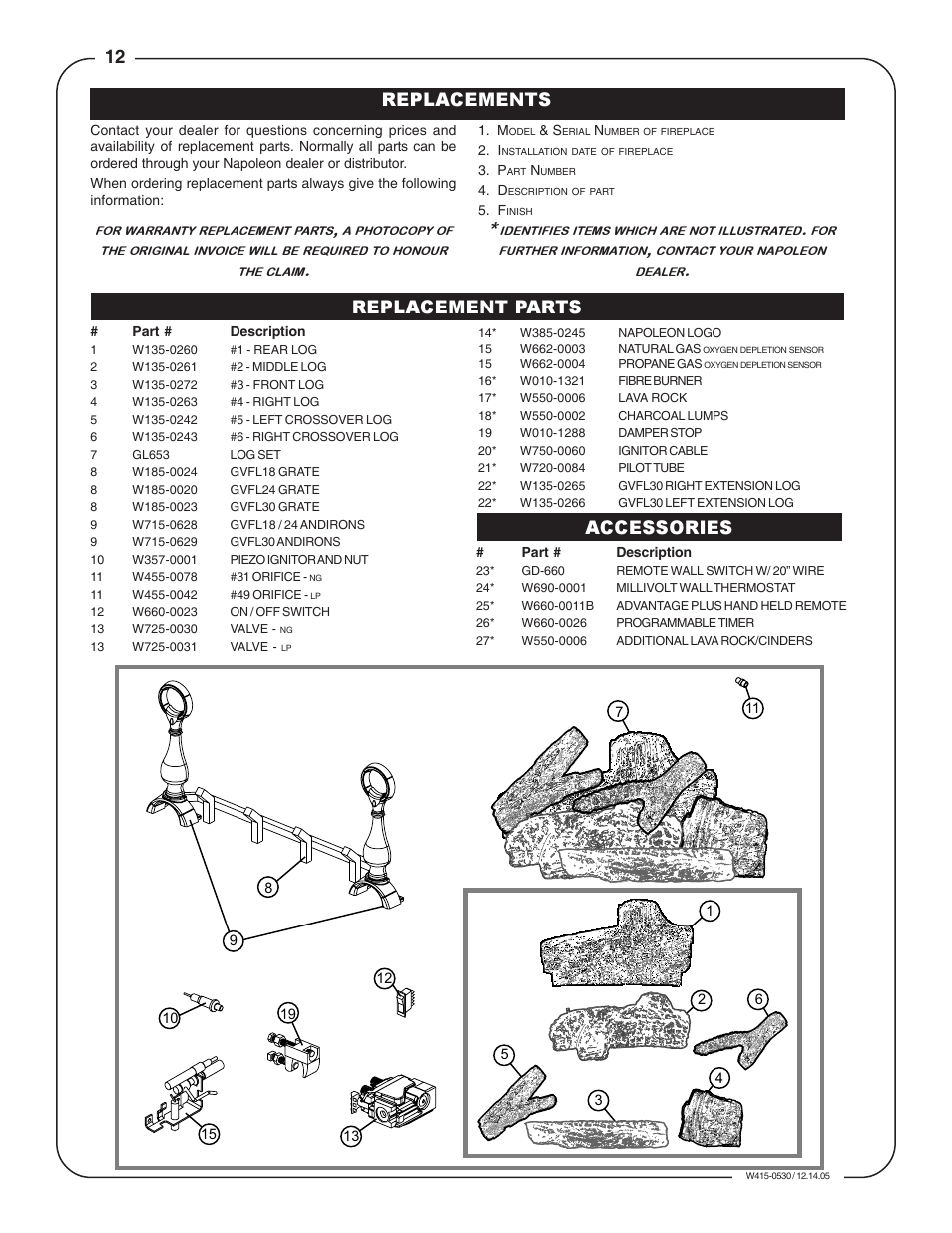 Replacements, Replacement parts accessories | Napoleon Fireplaces GVFL18N User Manual | Page 12 / 12