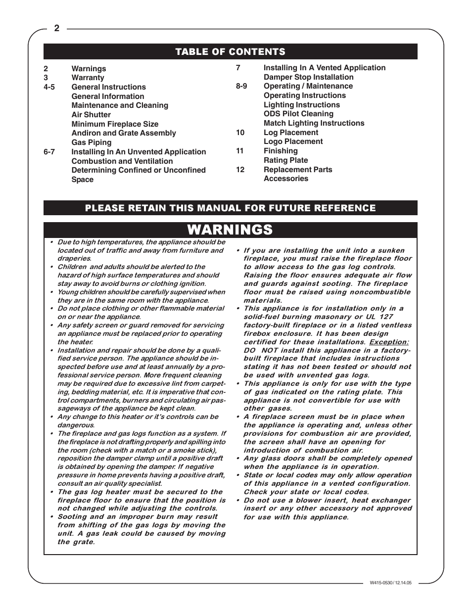 Warnings | Napoleon Fireplaces GVFL18N User Manual | Page 2 / 12