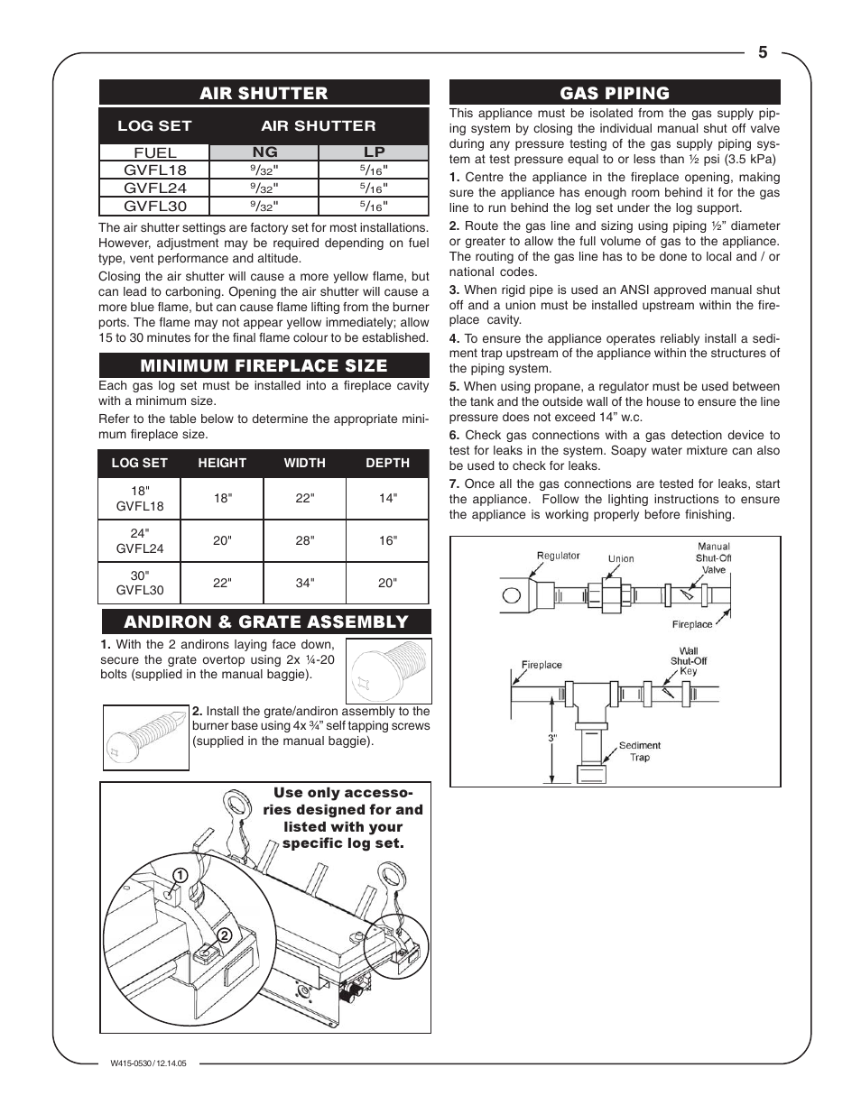 Andiron & grate assembly, Air shutter, Minimum fireplace size | Gas piping | Napoleon Fireplaces GVFL18N User Manual | Page 5 / 12