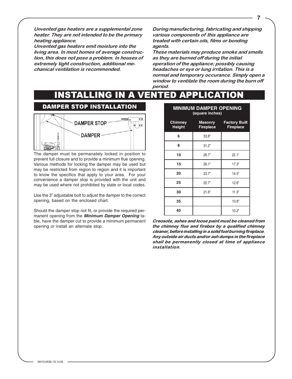 Installing in a vented application, 7damper stop installation | Napoleon Fireplaces GVFL18N User Manual | Page 7 / 12