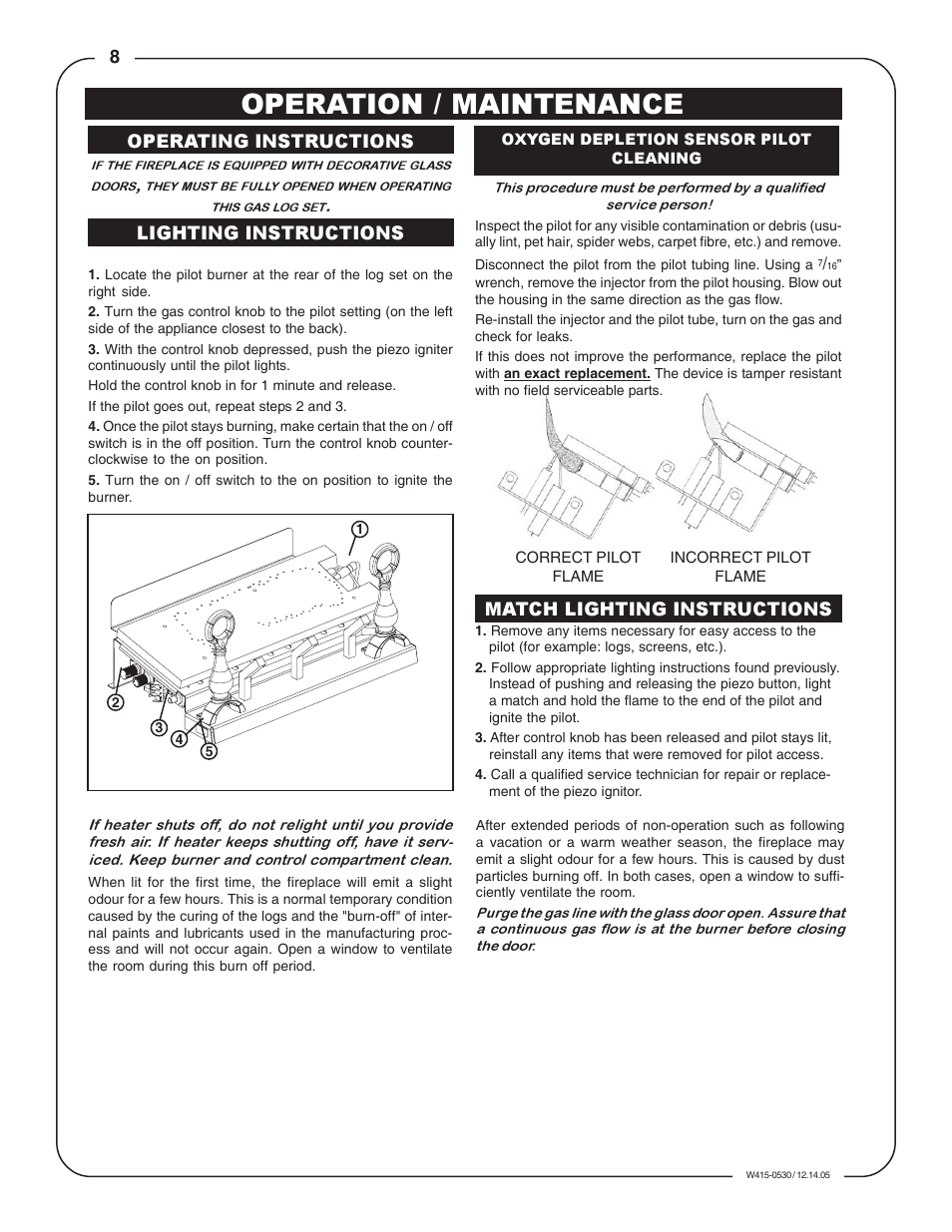Operation / maintenance, Match lighting instructions, Lighting instructions operating instructions | Napoleon Fireplaces GVFL18N User Manual | Page 8 / 12