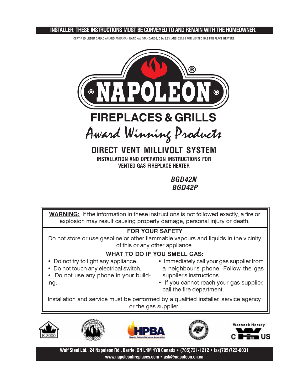 Napoleon Fireplaces DIRECT VENT MILLIVOLT SYSTEM BGD42N User Manual | 28 pages