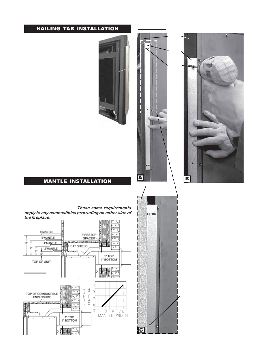 Ab c, Nailing tab installation mantle installation | Napoleon Fireplaces DIRECT VENT MILLIVOLT SYSTEM BGD42N User Manual | Page 18 / 28