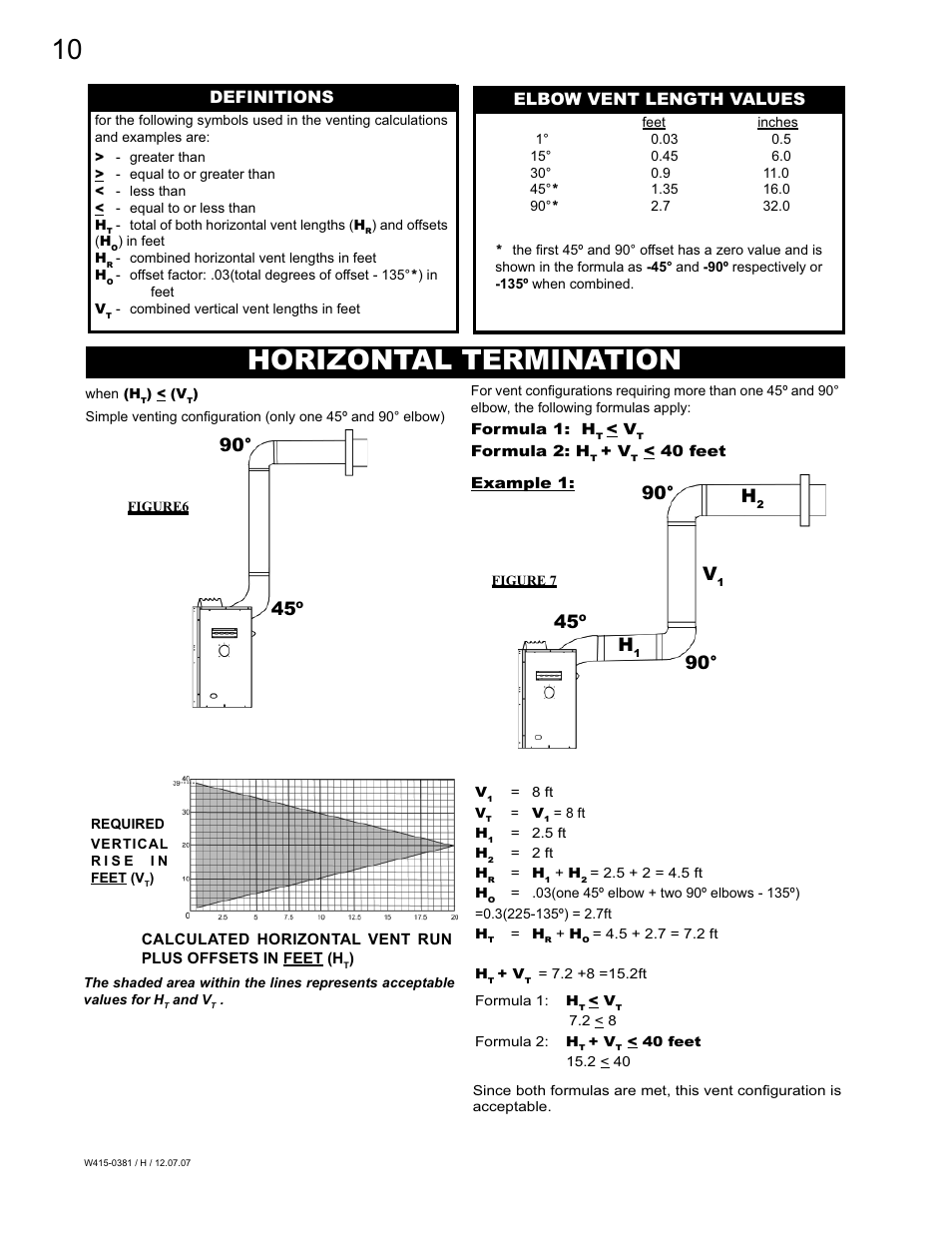 Horizontal termination, 90° h, 45º 90 | Elbow vent length values definitions | Napoleon Fireplaces BGD42P User Manual | Page 10 / 28