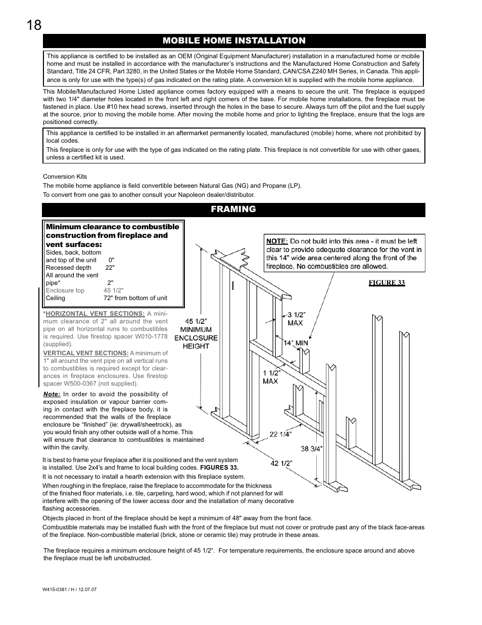 Mobile home installation framing | Napoleon Fireplaces BGD42P User Manual | Page 18 / 28