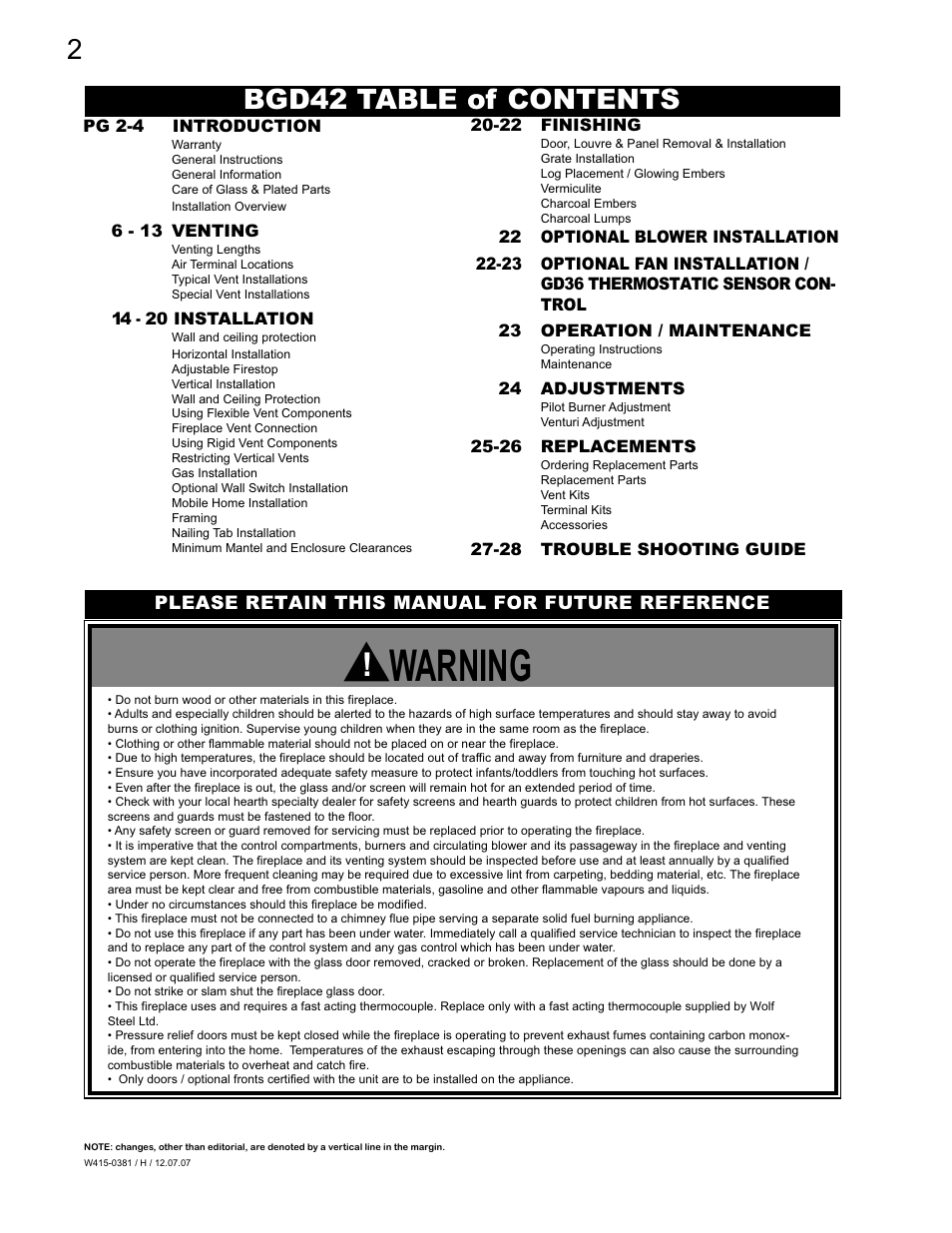 Warning, Bgd42 table of contents, Please retain this manual for future reference | 22 finishing, 24 adjustments, 26 replacements, 28 trouble shooting guide pg 2-4 introduction, 13 venting, 14 - 20 installation | Napoleon Fireplaces BGD42P User Manual | Page 2 / 28