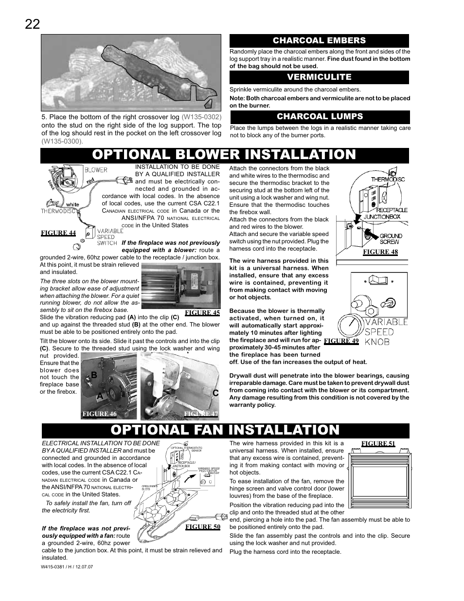 Optional blower installation, Optional fan installation, Ca b | Charcoal embers vermiculite charcoal lumps | Napoleon Fireplaces BGD42P User Manual | Page 22 / 28