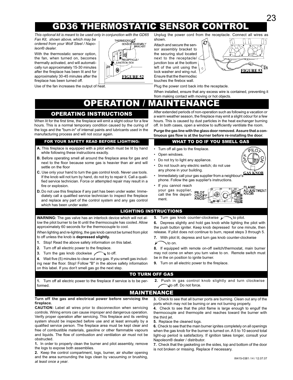 Gd36 thermostatic sensor control, Operation / maintenance, Operating instructions | Maintenance | Napoleon Fireplaces BGD42P User Manual | Page 23 / 28