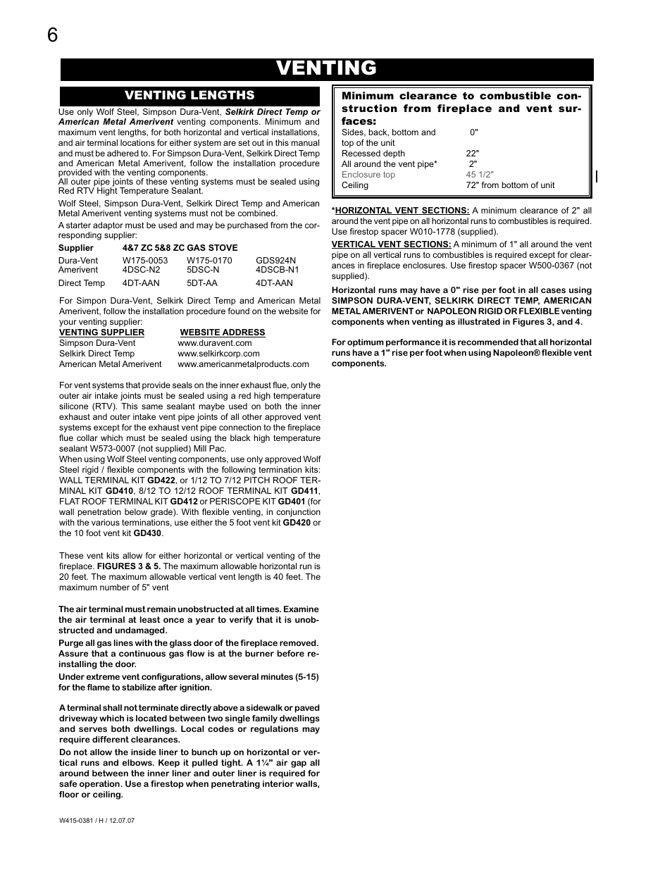 Venting, Venting lengths | Napoleon Fireplaces BGD42P User Manual | Page 6 / 28