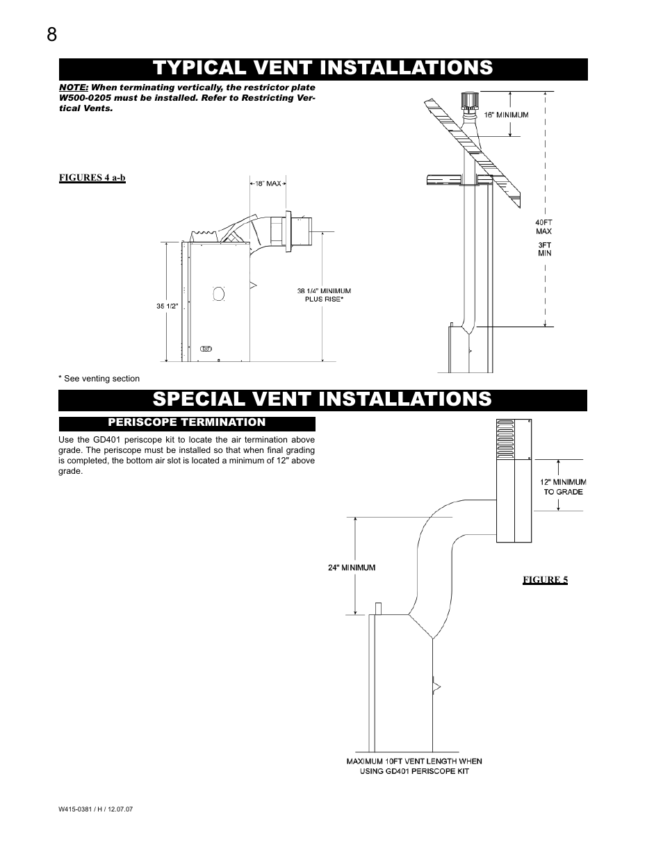 Typical vent installations, Special vent installations | Napoleon Fireplaces BGD42P User Manual | Page 8 / 28