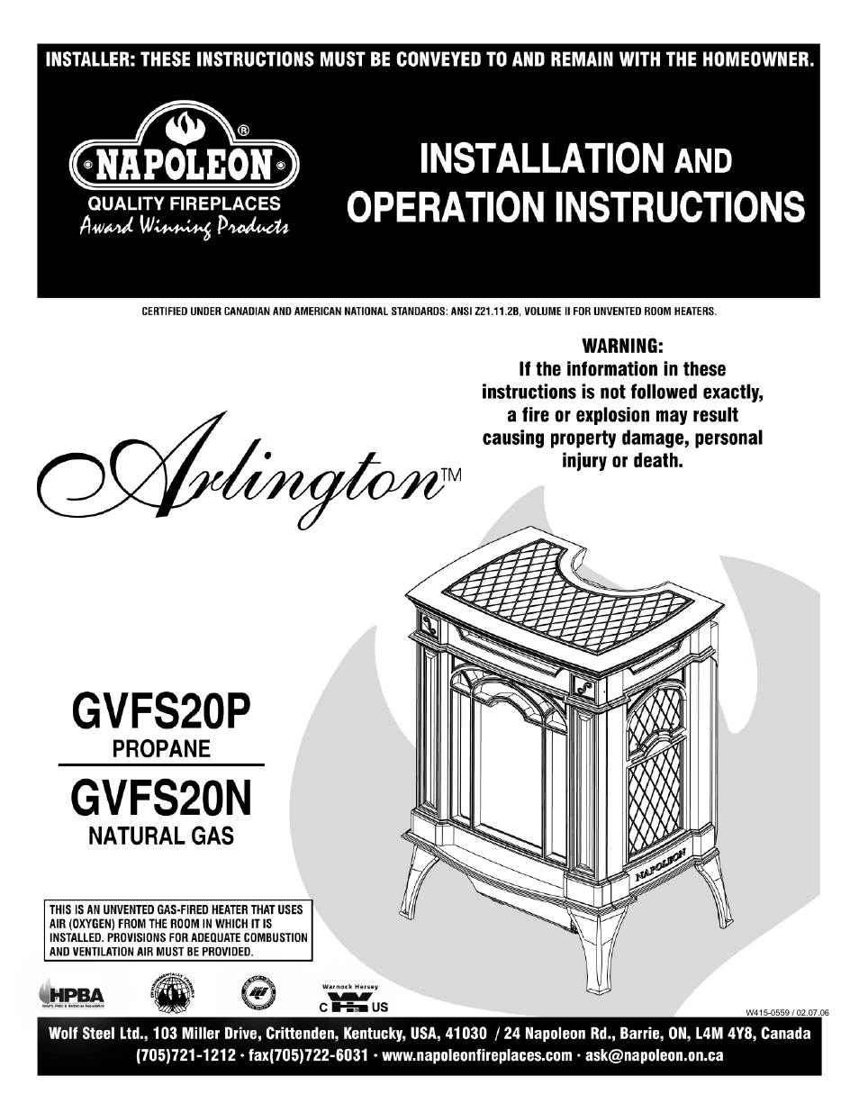 Napoleon Fireplaces GVFS20P User Manual | 16 pages