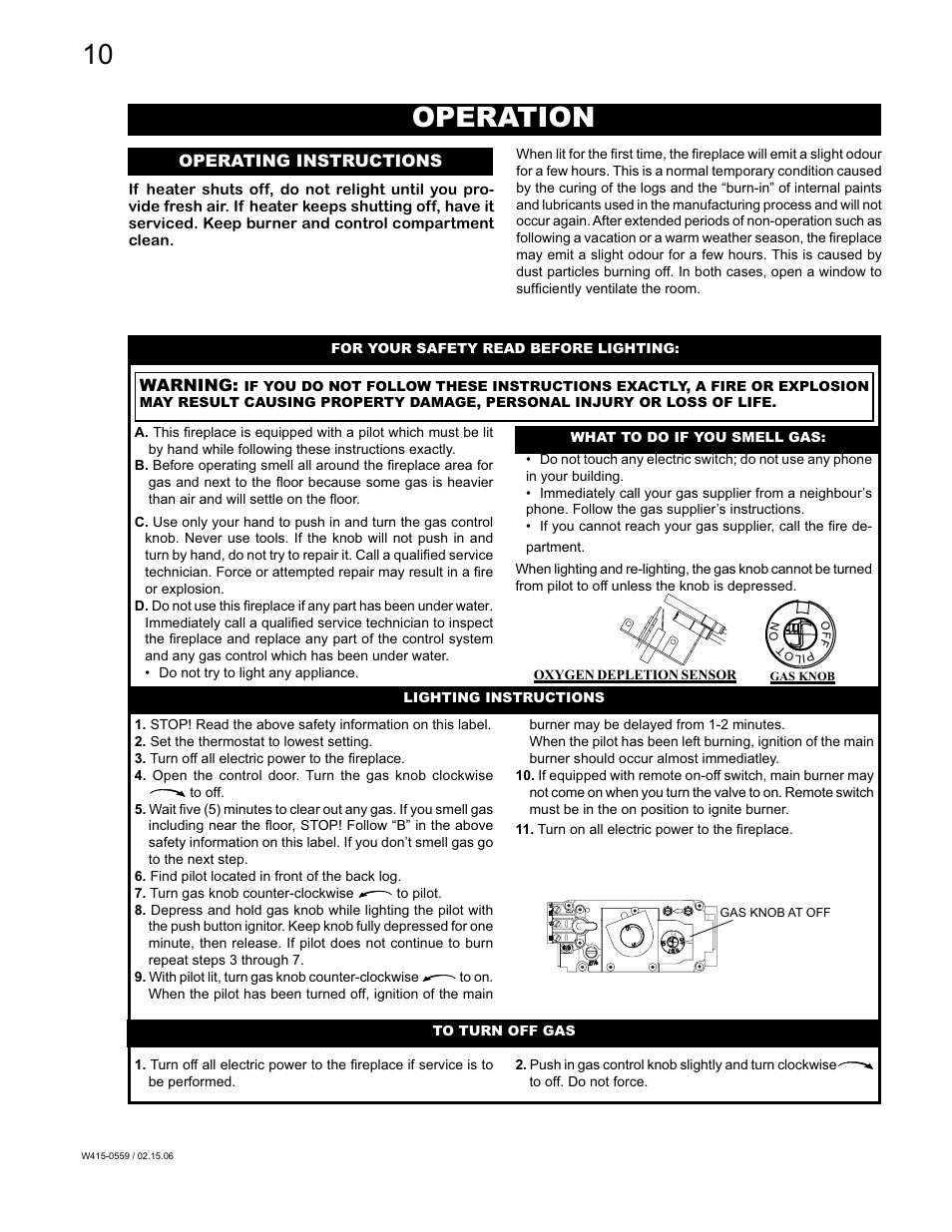 Operation, Warning, Operating instructions | Napoleon Fireplaces GVFS20P User Manual | Page 10 / 16