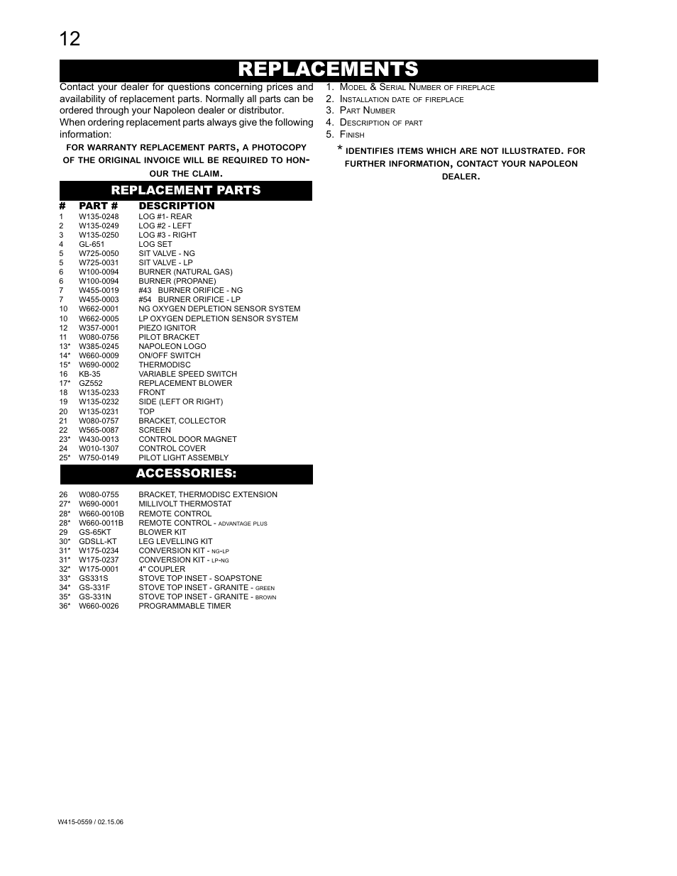 Replacements, Replacement parts accessories | Napoleon Fireplaces GVFS20P User Manual | Page 12 / 16
