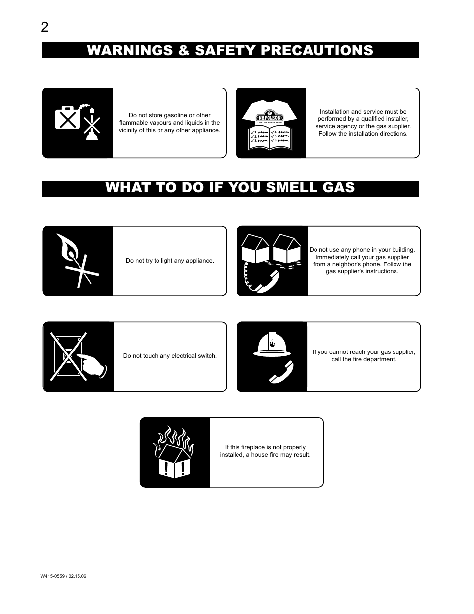 What to do if you smell gas, Warnings & safety precautions | Napoleon Fireplaces GVFS20P User Manual | Page 2 / 16