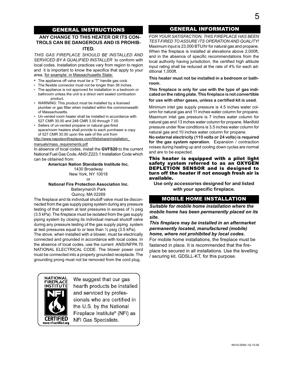 Napoleon Fireplaces GVFS20P User Manual | Page 5 / 16