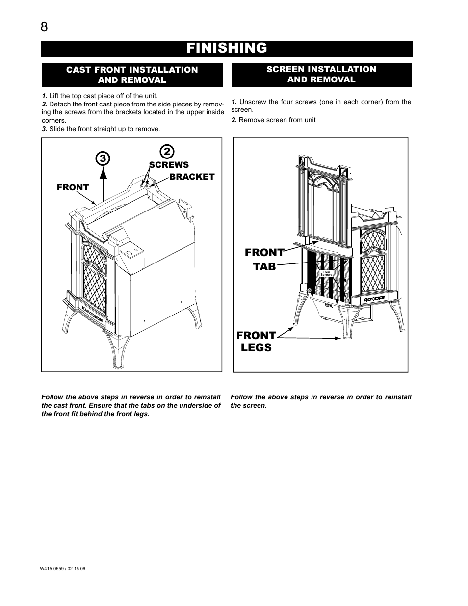 Finishing, Front, Front legs tab | Napoleon Fireplaces GVFS20P User Manual | Page 8 / 16