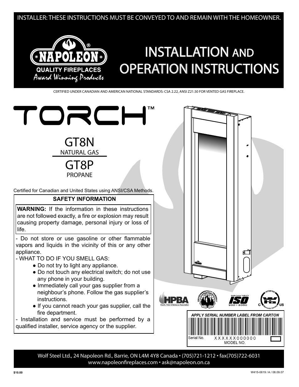 Napoleon Fireplaces TORCH GT8N User Manual | 16 pages