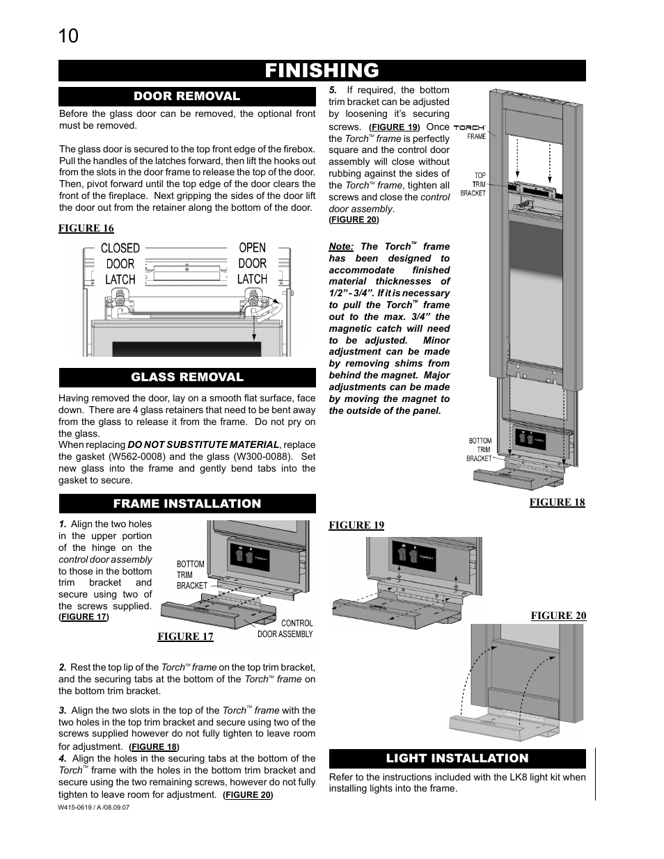 Finishing, Frame installation, Door removal | Glass removal, Light installation | Napoleon Fireplaces TORCH GT8N User Manual | Page 10 / 16