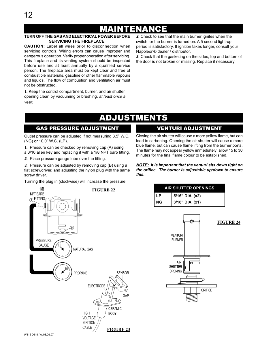 Adjustments, Maintenance | Napoleon Fireplaces TORCH GT8N User Manual | Page 12 / 16