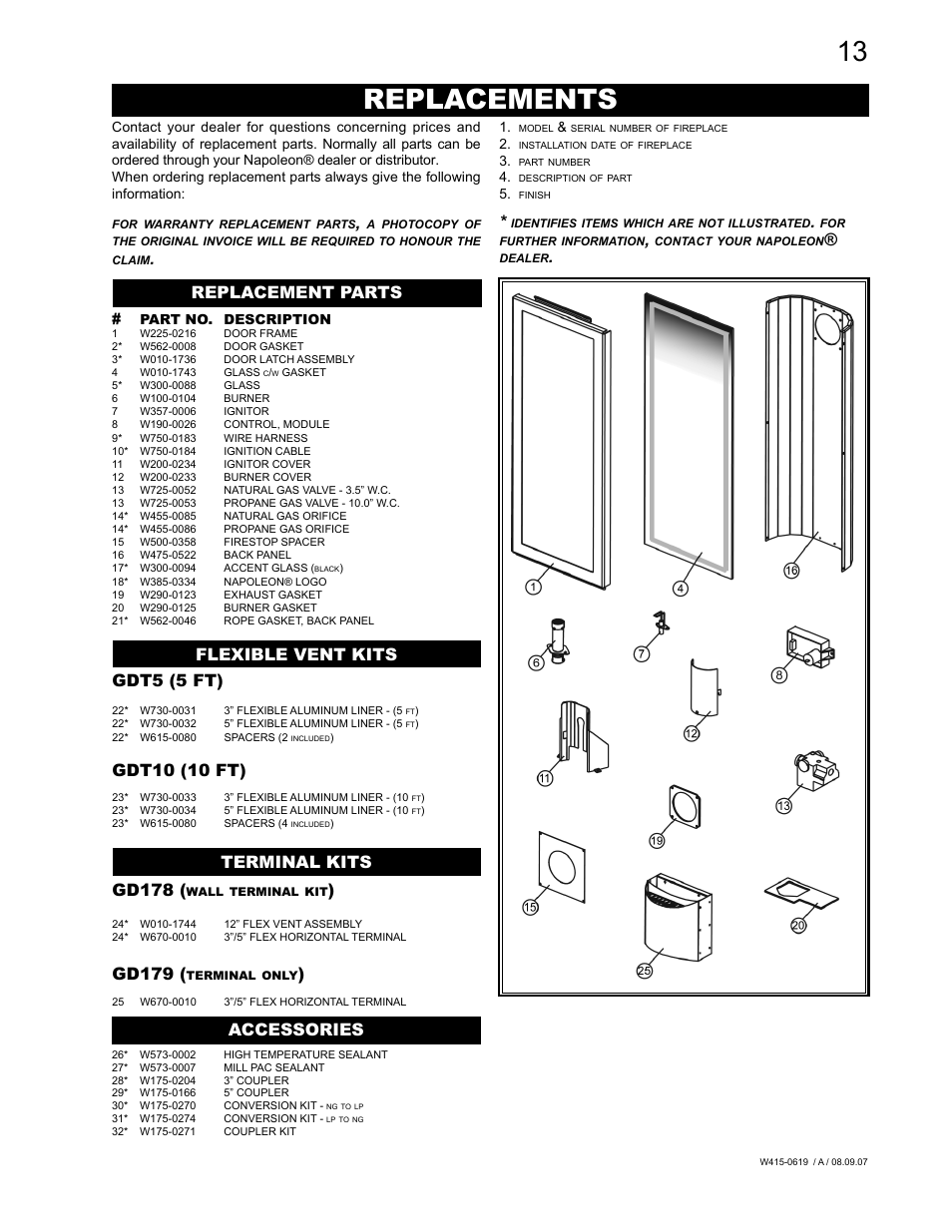 Replacements, Replacement parts accessories gd178, Gd179 | Flexible vent kits terminal kits gdt5 (5 ft), Gdt10 (10 ft) | Napoleon Fireplaces TORCH GT8N User Manual | Page 13 / 16