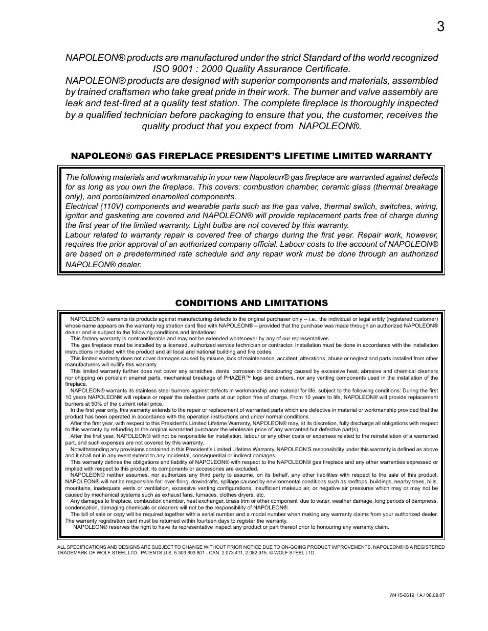 Conditions and limitations | Napoleon Fireplaces TORCH GT8N User Manual | Page 3 / 16