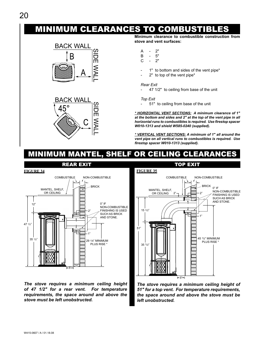 Minimum clearances to combustibles, Minimum mantel, shelf or ceiling clearances, Back wall side w a ll back wall side w a ll | Rear exit top exit | Napoleon Fireplaces Castlemore GDS26N User Manual | Page 20 / 32