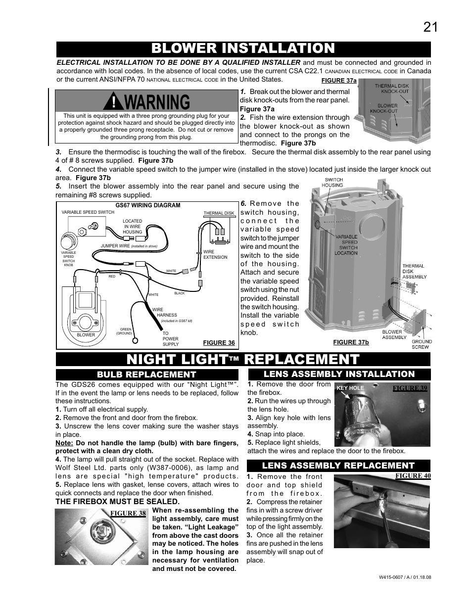 Warning, Blower installation, Night light | Replacement, Lens assembly installation, Lens assembly replacement, Bulb replacement | Napoleon Fireplaces Castlemore GDS26N User Manual | Page 21 / 32