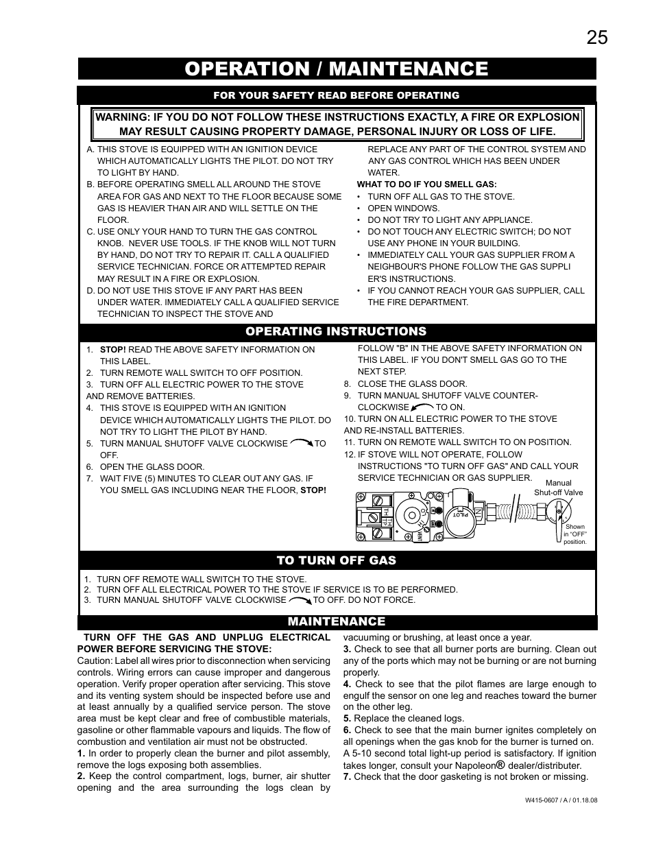 Operation / maintenance, Operating instructions, Maintenance | Napoleon Fireplaces Castlemore GDS26N User Manual | Page 25 / 32