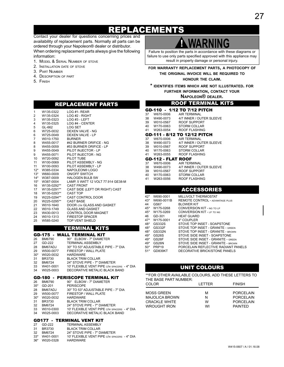 Warning, Replacements, Unit colours | Napoleon Fireplaces Castlemore GDS26N User Manual | Page 27 / 32