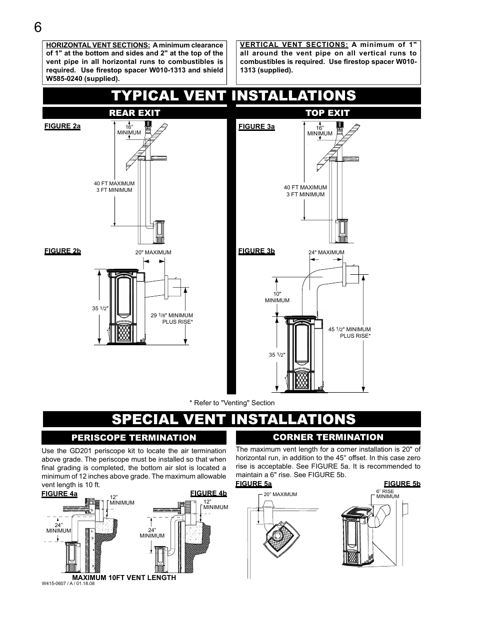 Typical vent installations, Special vent installations, Corner termination | Periscope termination, Rear exit top exit | Napoleon Fireplaces Castlemore GDS26N User Manual | Page 6 / 32