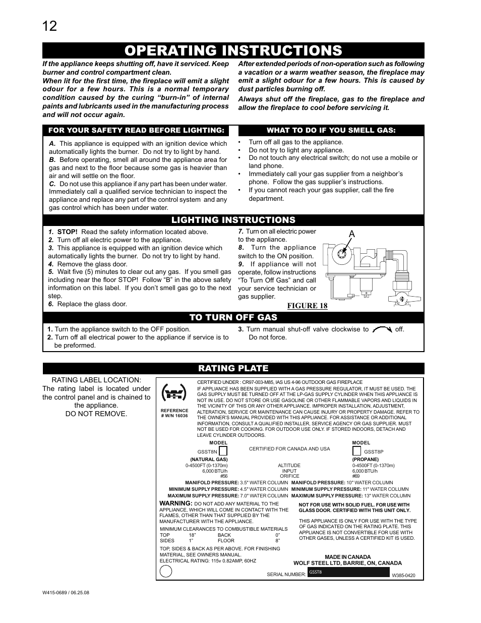 Operating instructions, Lighting instructions, Figure 18 | Napoleon Fireplaces GSST8N User Manual | Page 12 / 16